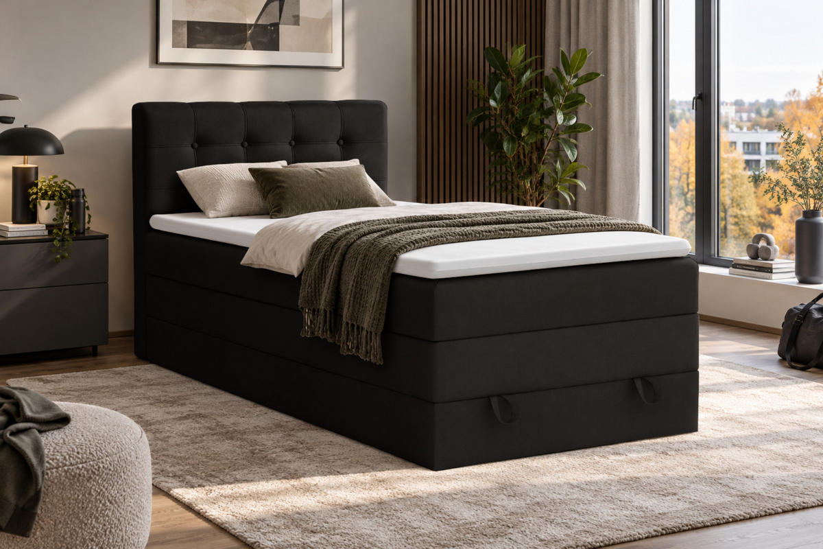 BOXSPRINGBETT JUNG 1 100/200 Velours Schwarz mit Matratzen H3 + H4 - Schwarz, Holz/Holzwerkstoff (100/200cm) - Deine Möbel 24