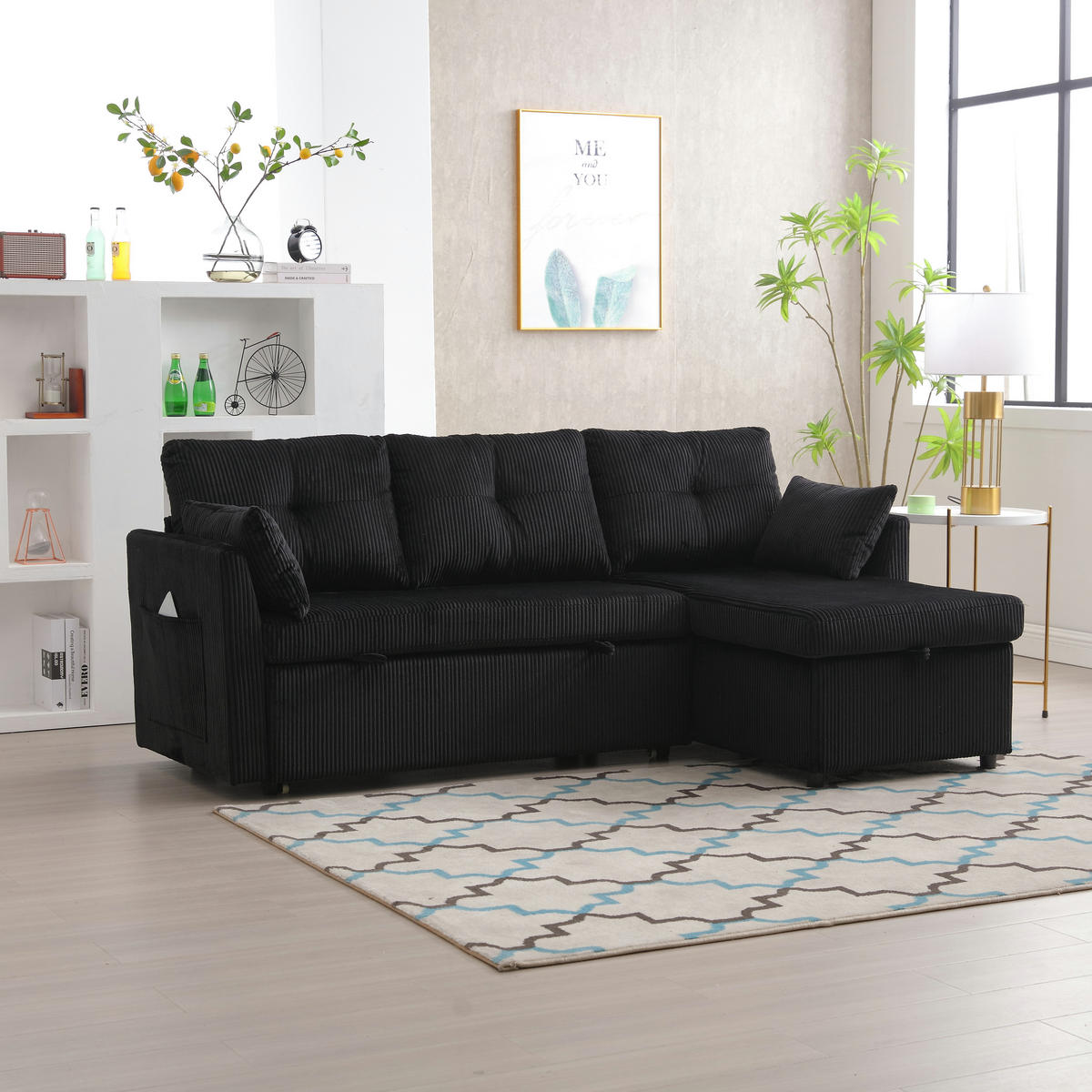 ECKSCHLAFSOFA Cord modular mit Stauraum Schwarz 206/108/66 cm - Schwarz, Textil (108/206cm) - Redom