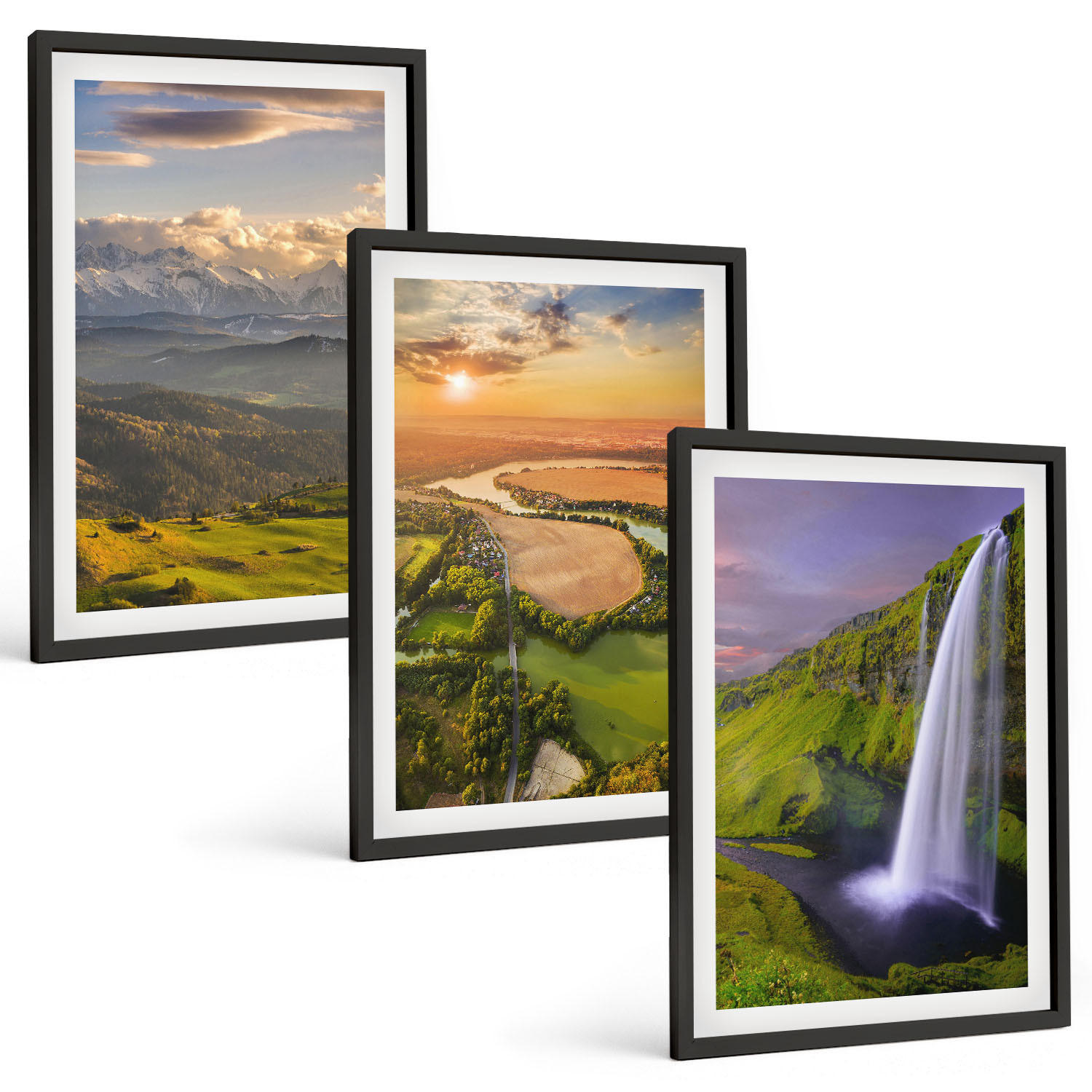 BILDER SET 3er Set - 40x60 cm Schwarzer Rahmen - Gebirgsflüsse, Wasserfälle, Natur - Schwarz, Kunststoff (40/60cm) - TULUP