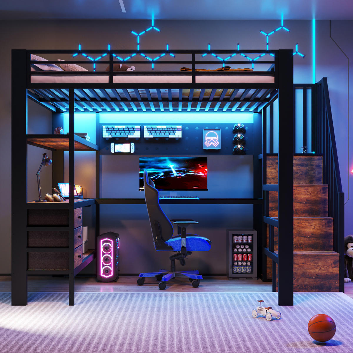 HOCHBETT 140/200 cm, Schwarz mit Ablagefläche, Schubladen, LED - Schwarz, Metall (140/200cm) - MIVRAY