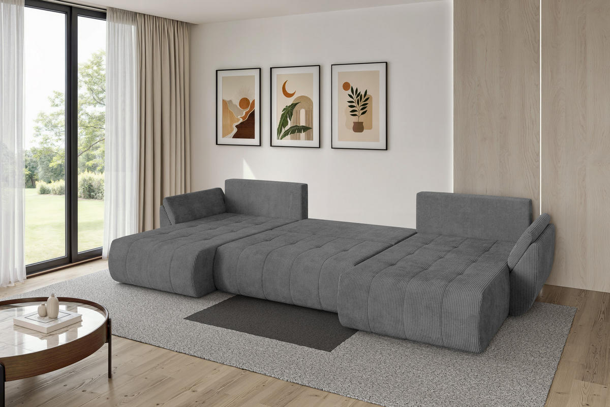 SEDACÍ SOUPRAVA DO U s funkcí spaní a úložným prostorem TOKO-U 378x194x86 tmavě šedá manšestr - černá/tmavě šedá, kompozitní dřevo/textil (378/86/194cm) - ALTDECOR