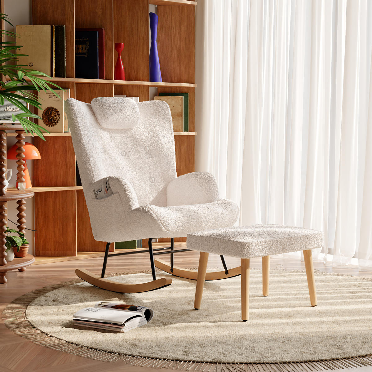SCHAUKELSTUHL aus Teddyplüsch, mit Kopf- & Fußstütze, Beige - Beige, Holz (66/89/70cm)