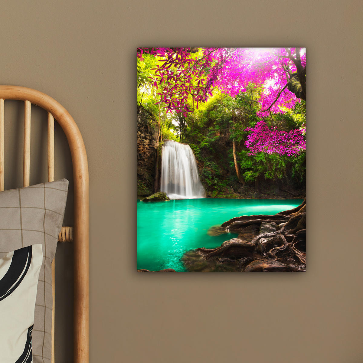 LEINWANDBILD Wasserfall mit bunten Blumen und Bäumen - Natur - Dschungel 30x40 cm - Waldgrün, Textil (30/40cm) - MuchoWow