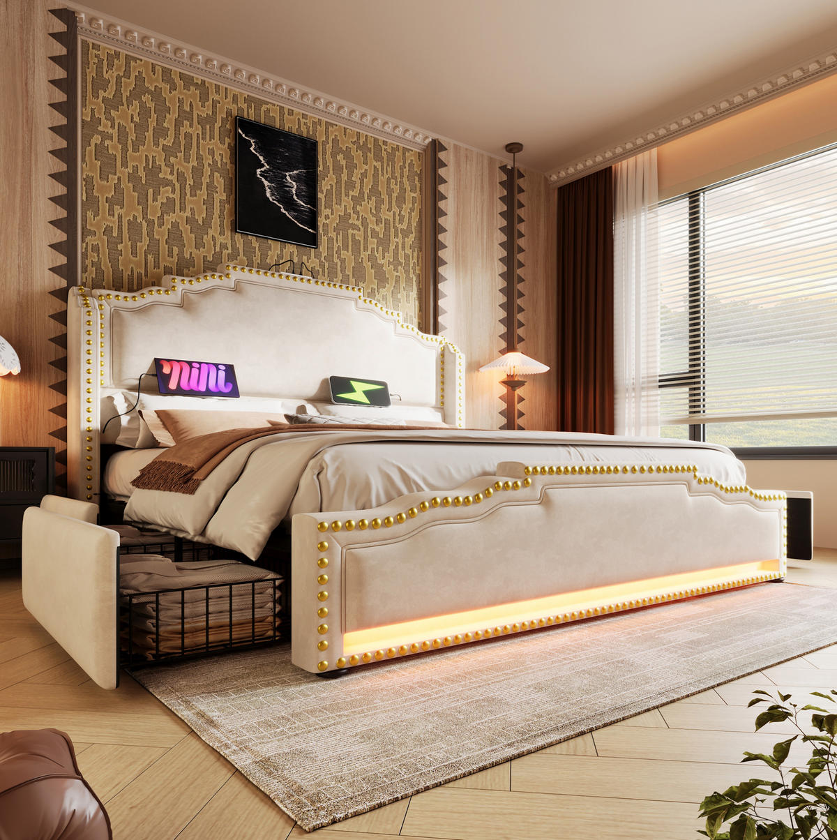 POLSTERBETT 160/200 cm Beige aus Samt mit LED, USB-C und Matratze - Beige, Textil (160/200cm) - OKWISH