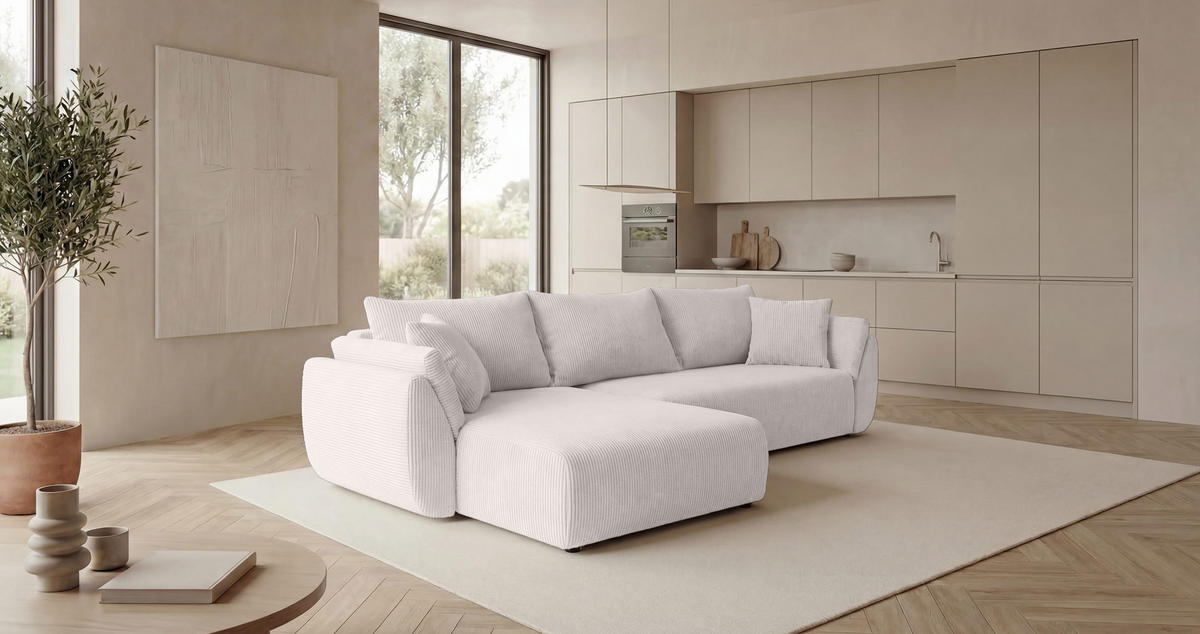 ECKSOFA SYDNEY links weiß Cord Poso 100 - Schlaffunktion, Bettkasten - Weiß, Textil (280/174cm) - Cornero