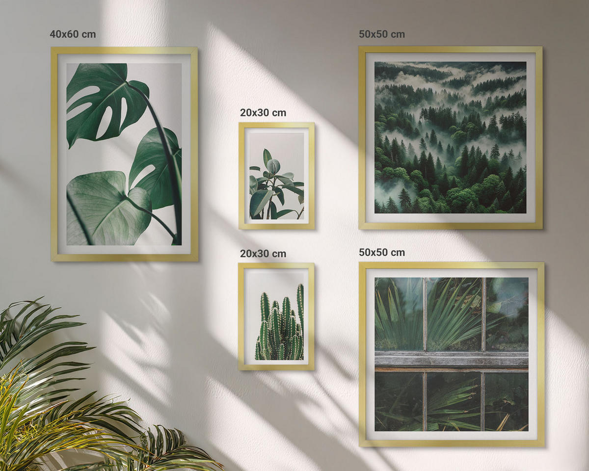 WANDBILDER 5er Set - 50x50 cm & 20x30 cm & 40x60 cm Goldrahmen - Ästhetik tropischer Pflanzen - Goldfarben, Kunststoff (40/60cm) - ArtPrintCave
