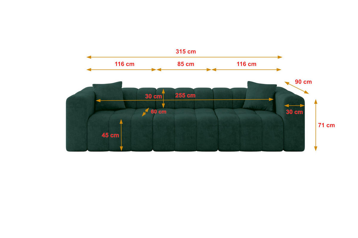 SOFA 3-Sitzer DONY-3 315x90x71 cm Grün Samt - Jadegrün/Schwarz, Holzwerkstoff/Kunststoff (315/71/90cm) - ALTDECOR