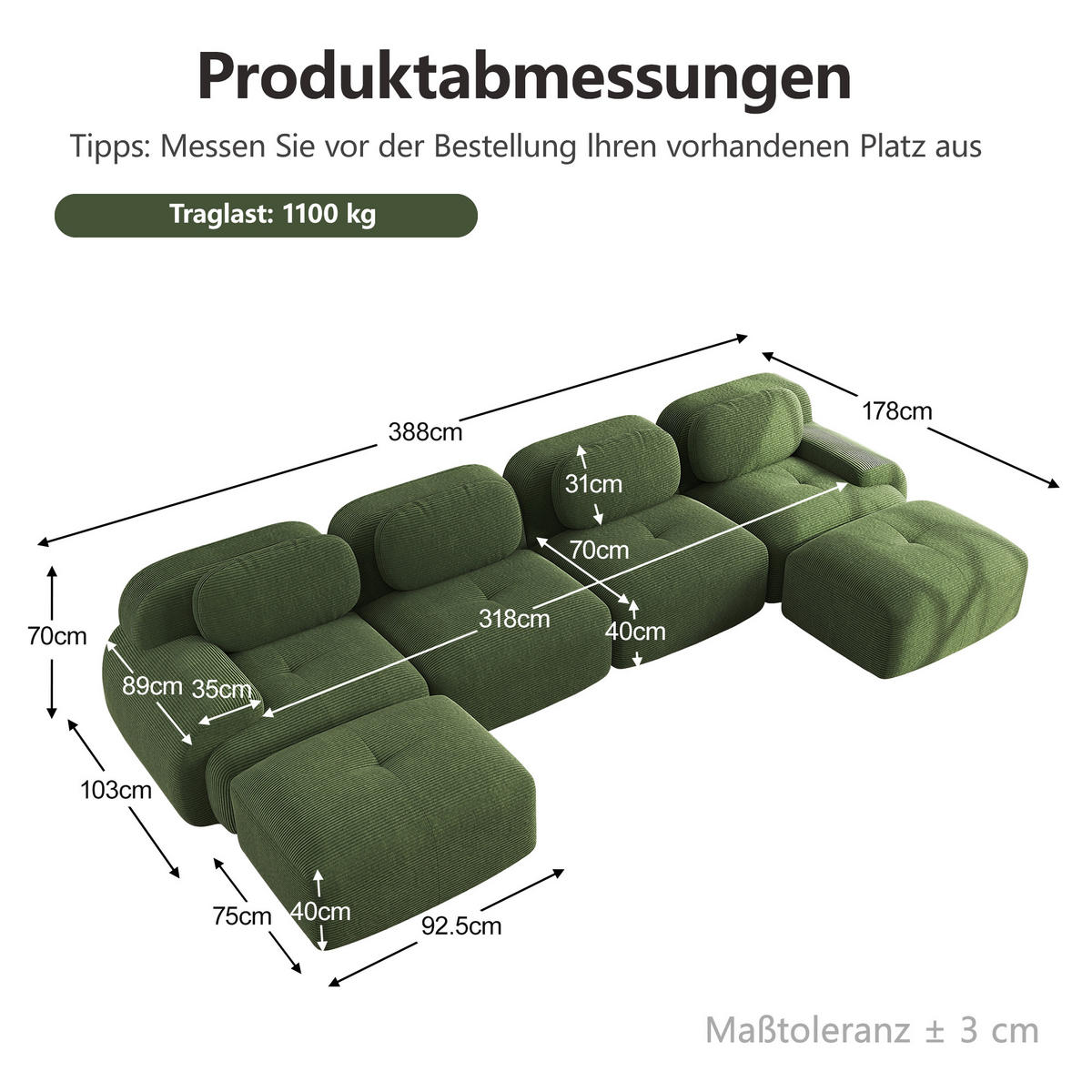 WOHNLANDSCHAFT DE-34025 modular 4-Sitzer Grün - Grün, Textil (178/75/388cm) - ComfortXL