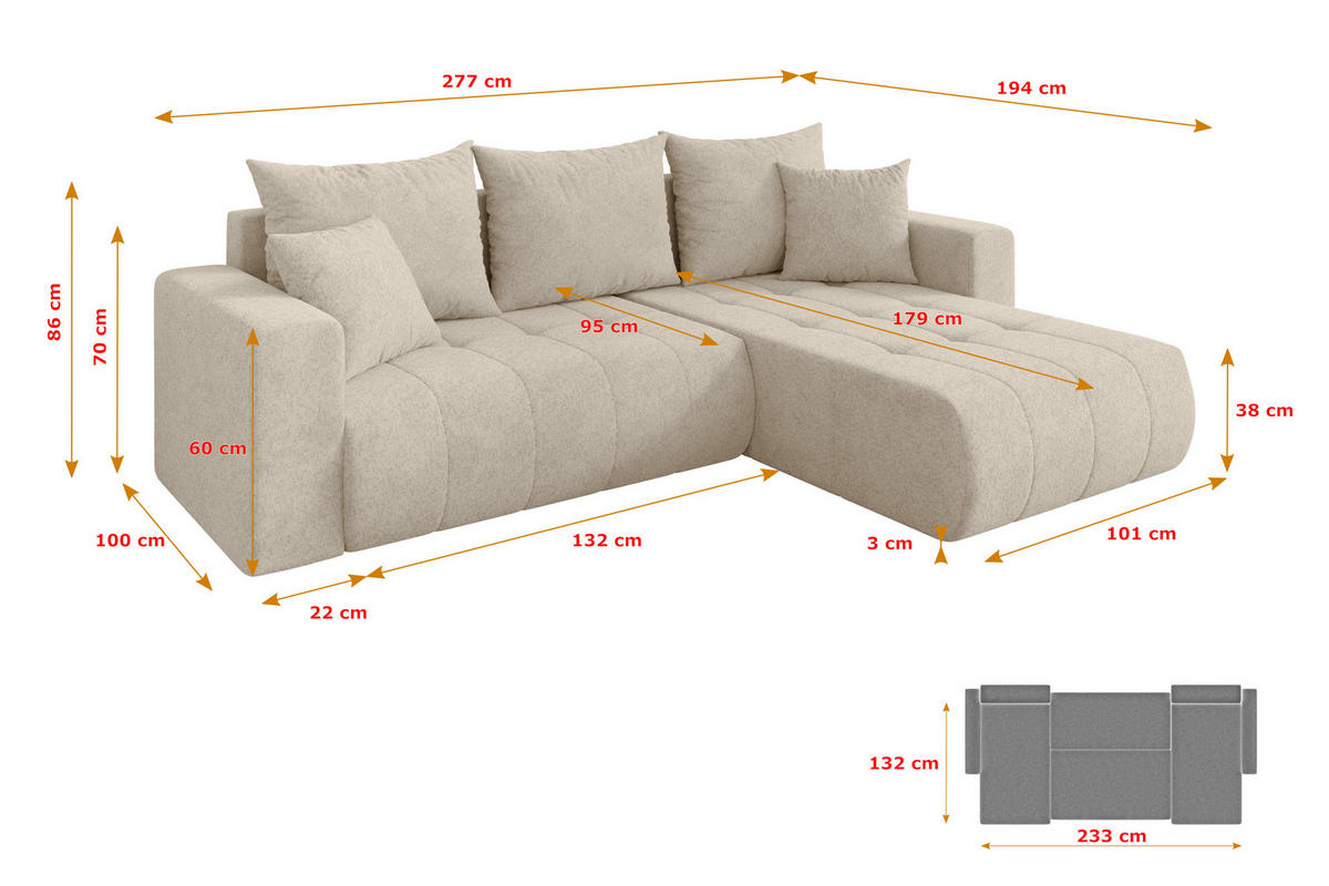 ROHOVÁ SEDAČKA s funkcí spaní, otoman vpravo MILA-L 277x194x86 krémová velur - černá/krémová, kompozitní dřevo/textil (277/194cm) - ALTDECOR