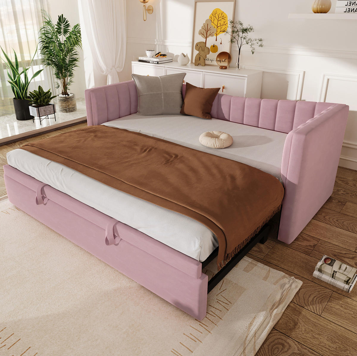 TAGESBETT 90/200 cm mit ausziehbarem Rollbett, Samtbezug und MDF-Gestell, Rosa - Rosa, Textil (180/200cm) - Redom