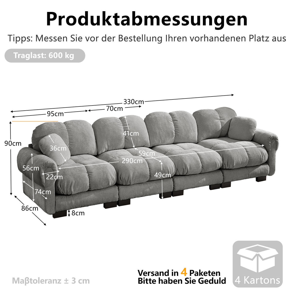 SOFA 330/86/90 cm in Hellgrau aus Chenille mit Steppnaht - Hellgrau, Textil (86/90/330cm) - Flora Grace