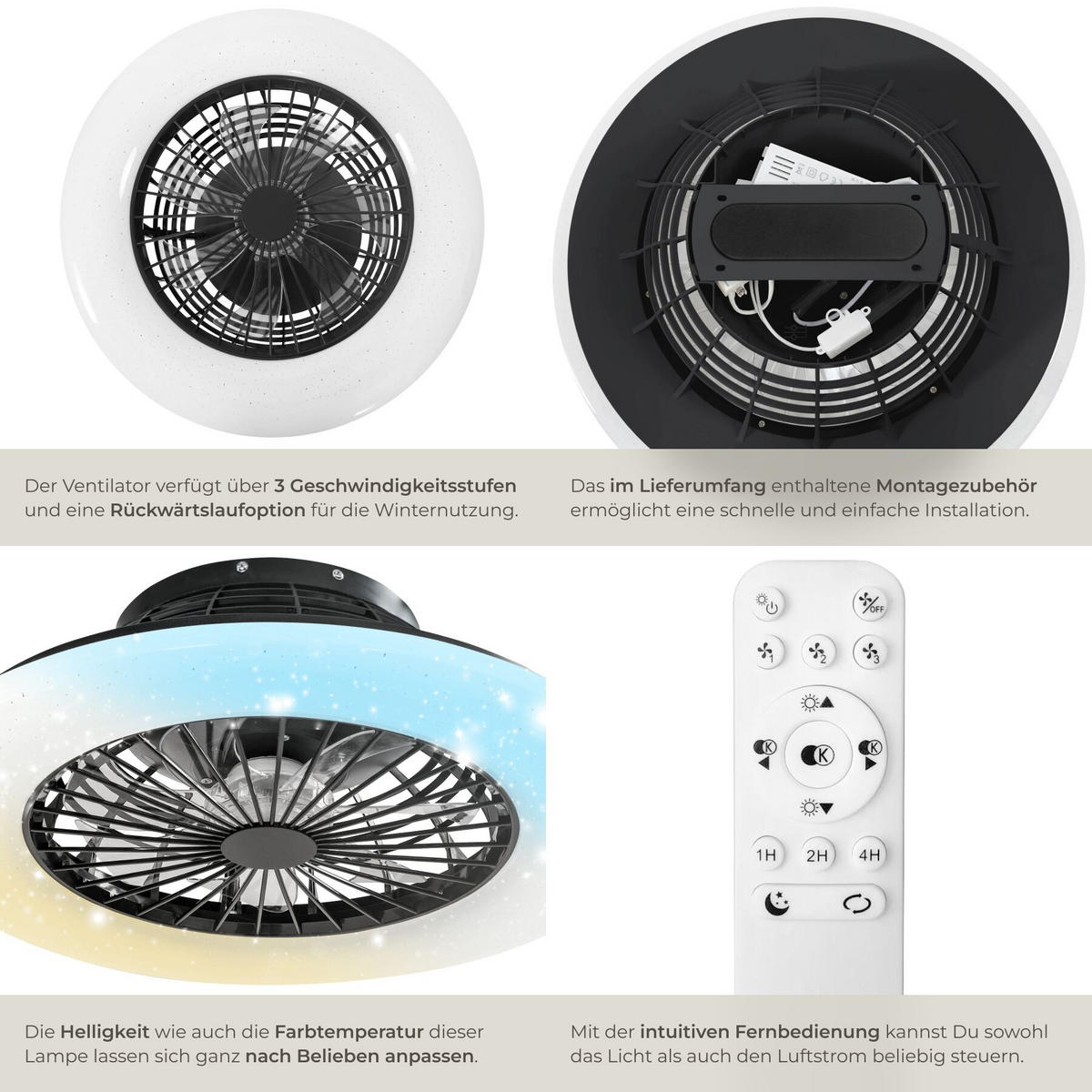 LED DECKENLEUCHTE MIT VENTILATOR Storm, Ø 50 cm, mit Fernbedienung, schwarz - Schwarz, Metall (50/50/17.5cm) - tectake