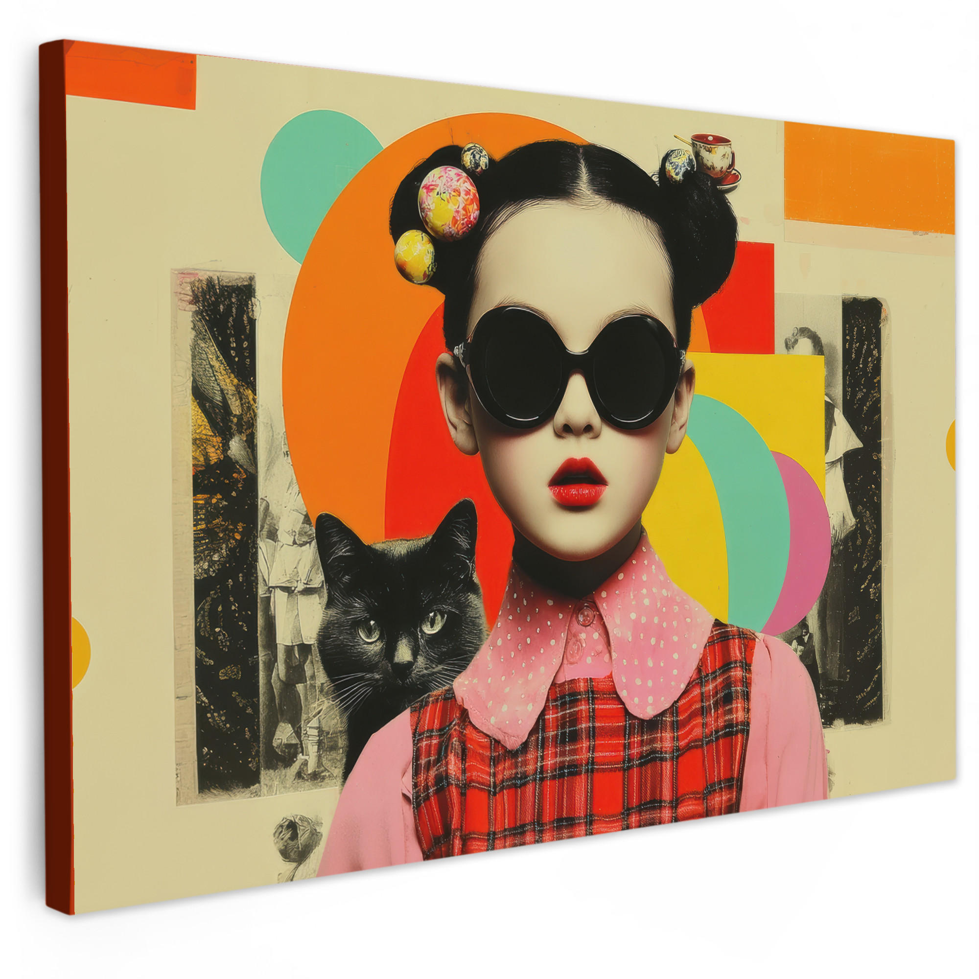 MuchoWow OBRAZ NA PLÁTNĚ Dívka - Sluneční brýle - Kočka - Retro 60x40 cm
