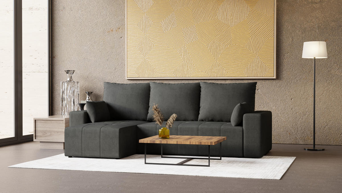 ECKSOFA Tico mit Bettkasten und Schlaffunktion, L-Form/XL-Form, Velourstoff, Universal - Graphitfarben, Holzwerkstoff (246/145cm) - 4ALL HOME