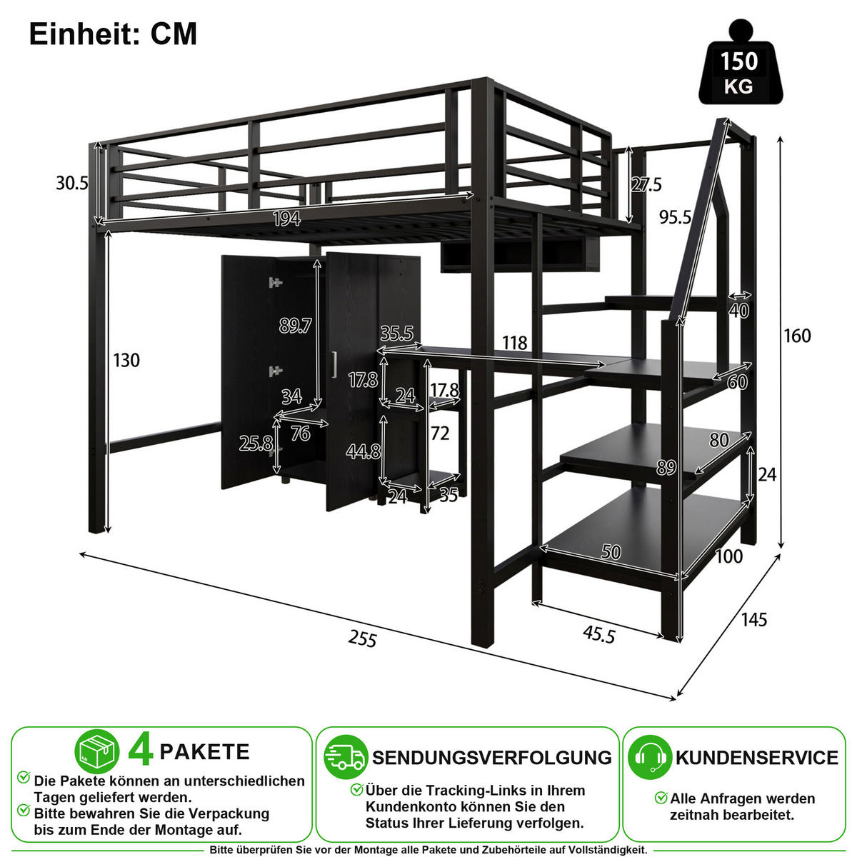 VYVÝŠENÁ POSTEL 140/200 cm v černé barvě s psacím stolem, skříní a policemi - černá, kov/kompozitní dřevo (140/200cm) - CHICFURN
