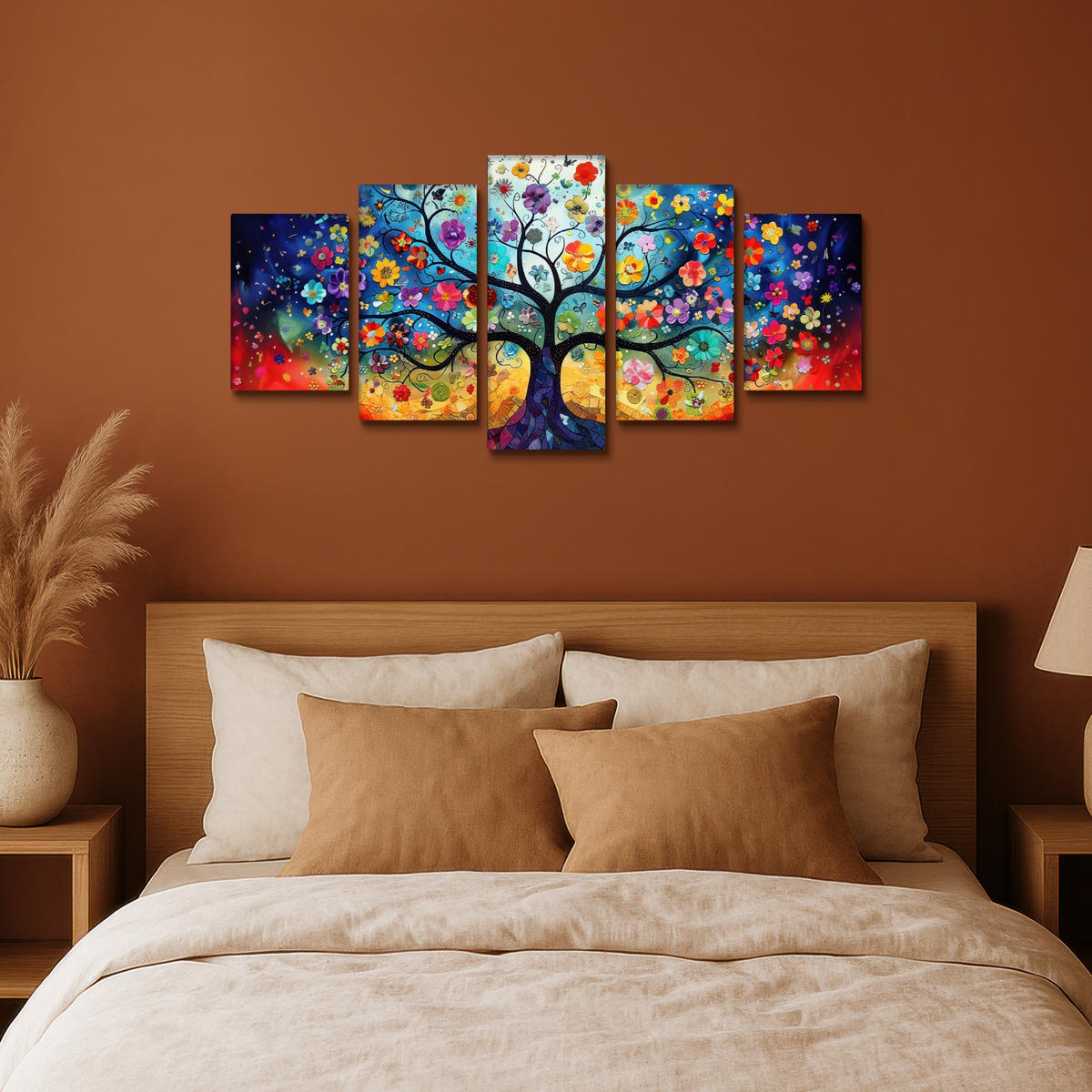 LEINWANDBILD 5er Set Bunt - Baum des Lebens - Blumen - Abstrakt 100x50 cm - Blau, Textil (100/50cm) - MuchoWow