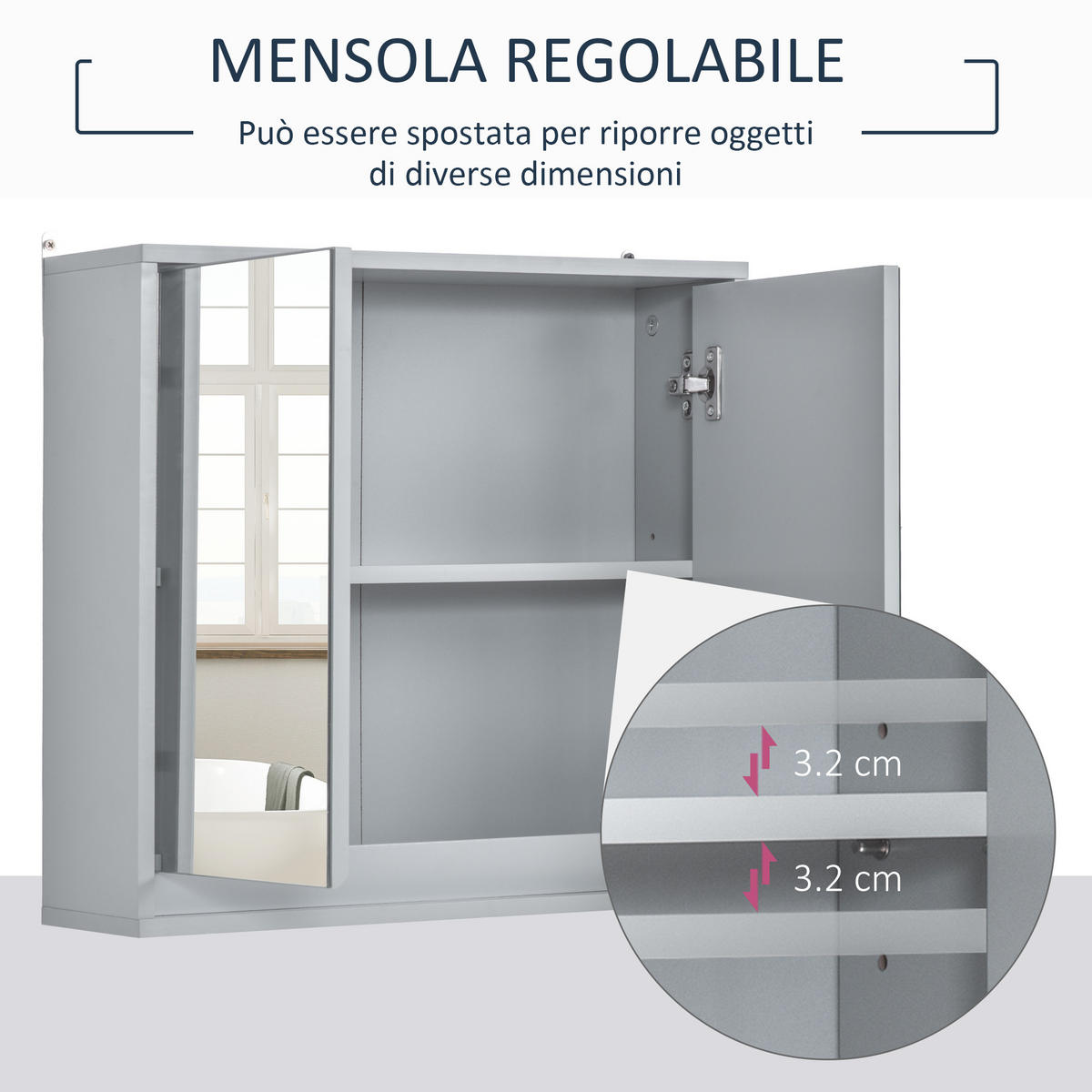SPIEGELSCHRANK Badezimmer-Spiegelschrank mit 2 Türen, 48 x 14,5 x 45 cm ,Grau - Grau, Glas (48/45/14.5cm) - Vallsero