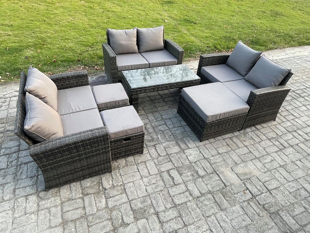 GARTENMÖBEL Set Polyrattan Dunkelgrau 9-Sitzer - Dunkelgrau, Metall - Fimous
