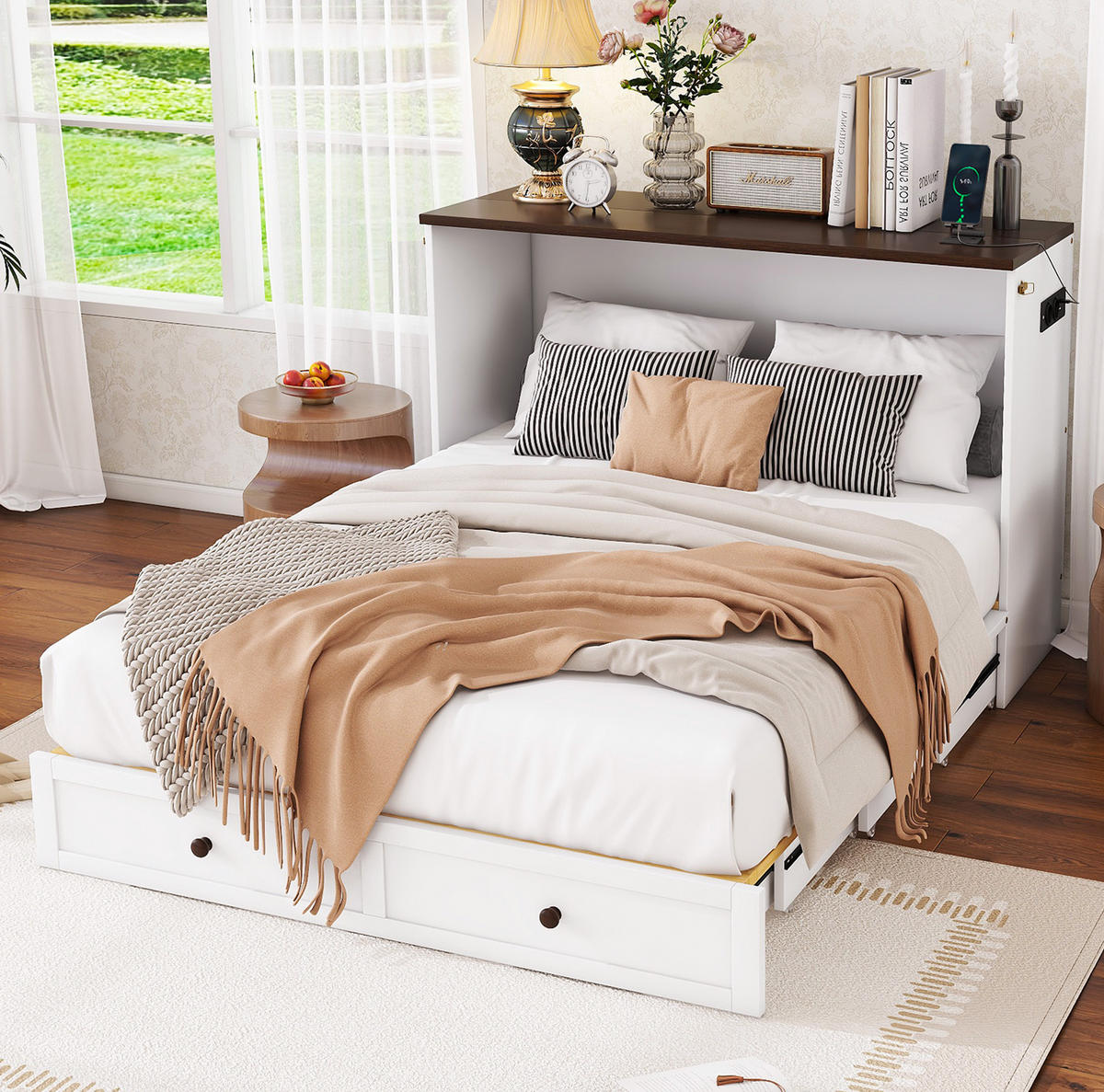 SCHRANKBETT 140/200 cm mit USB-Anschluss, Steckdose, Schublade und Regal, umbaubar, Weiß - Weiß, Holzwerkstoff (140/200cm) - Redom