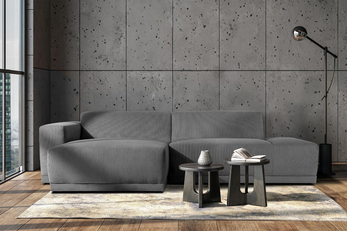ECKSOFA-LINKS MUDI in moderner Optik mit hochwertigem Kaltschaum, Cord-Stoff, grau - Schwarz/Grau, Textil (280/160cm) - KONSIMO®