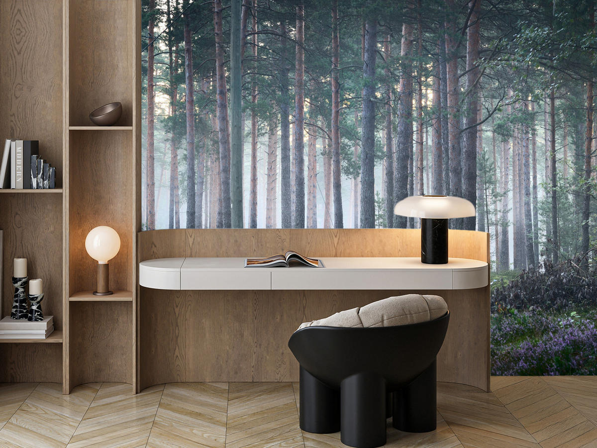 FOTOTAPETE für Wohnzimmer Nebelwald mit Bäumen Moos Grün 300x210 - Grau/Grün, Papier (300/210cm) - Muralo