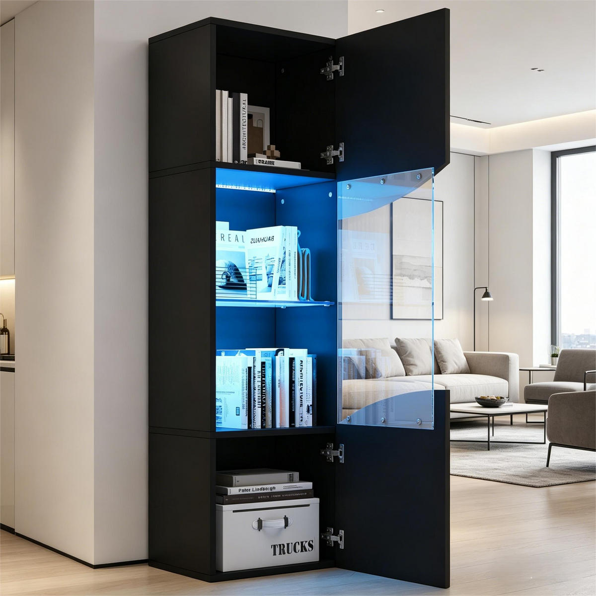 VITRINE Schmales Vitrinenregal mit 4 Ebenen, Hochglanz, Glas & LED-Beleuchtung 35/50/165 cm Schwarz 1 Set - Schwarz, Glas/Holzwerkstoff (50/165/35cm) - EVRYAE