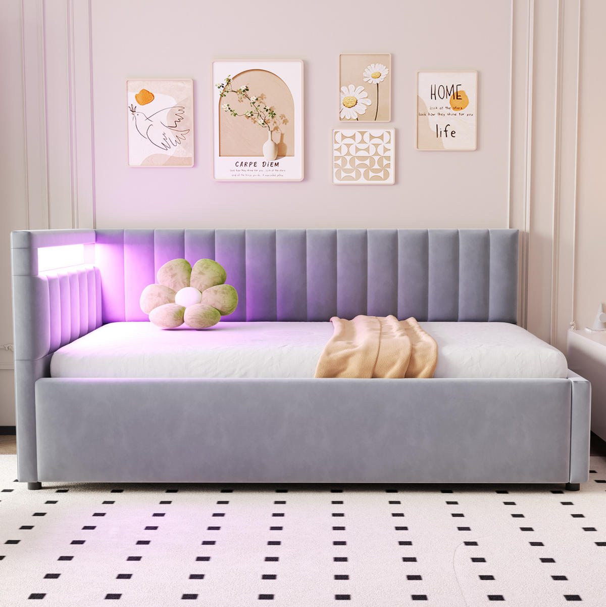 ČALÚNENÁ posteľ 90x200 cm sivá zo zamatovej látky s LED osvetlením a hydraulickým úložným priestorom - svetlosivá, textil (90/200cm) - Modfu