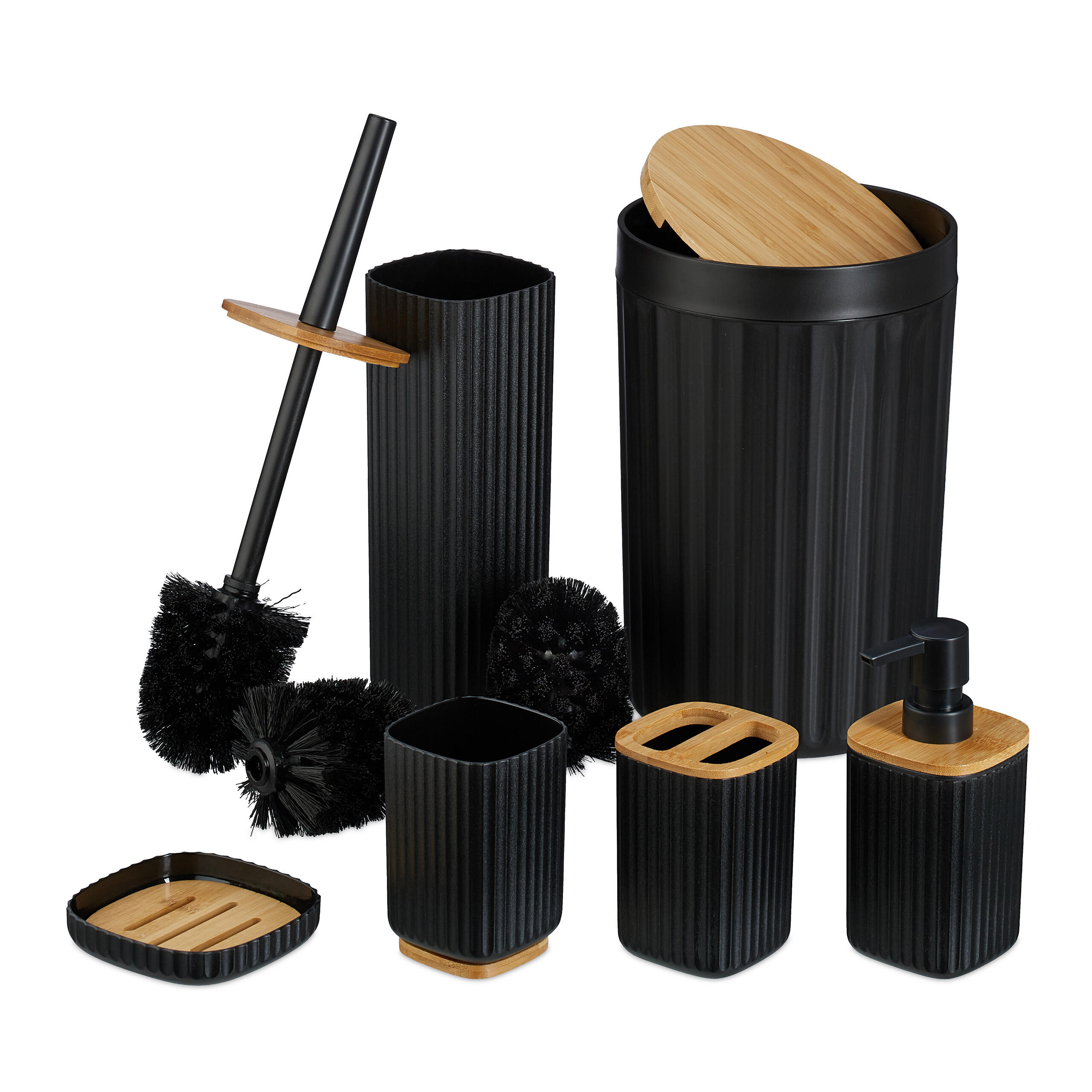 BADEZIMMER-SET 6-tlg. - Schwarz, Holz/Kunststoff (18/27/18cm) - Relaxdays