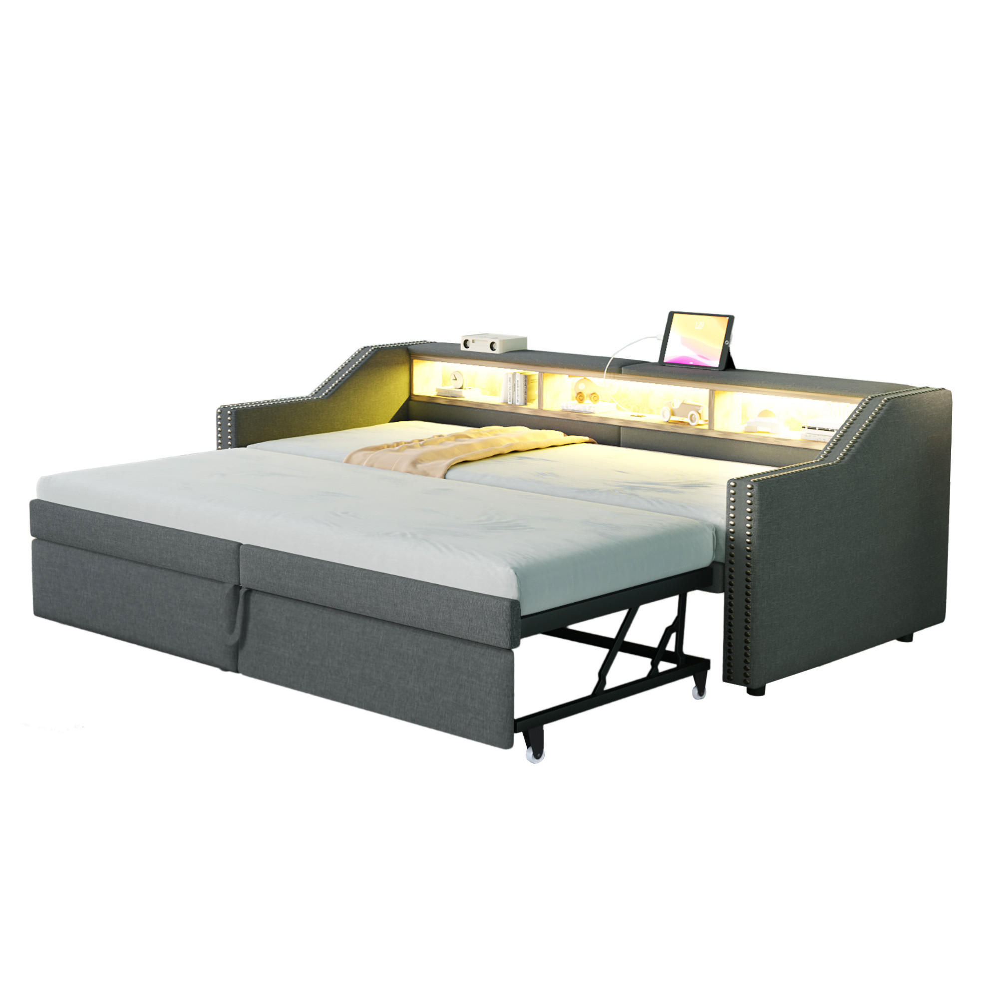 Modfu POLOHOVACÍ postel z lněné tkaniny 90x200 cm tmavě šedá s výsuvným lůžkem, LED osvětlením, USB a úložným prostorem