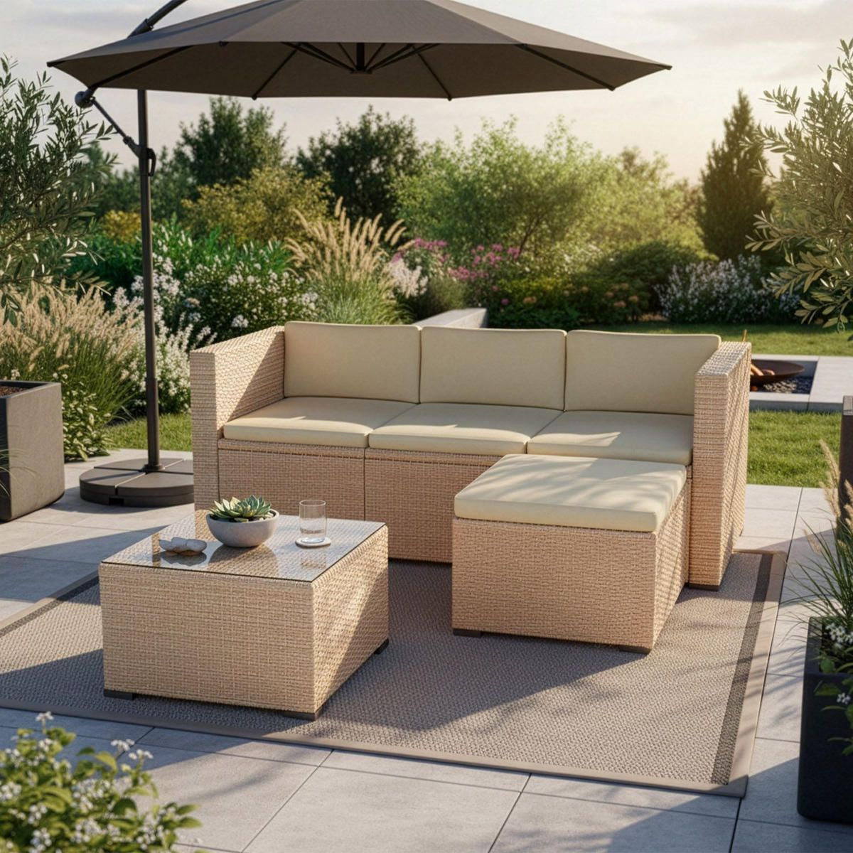 LOUNGEGARNITUR Punta Cana inkl. Abdeckung 3-tlg. - Creme, Kunststoff/Metall - Juskys