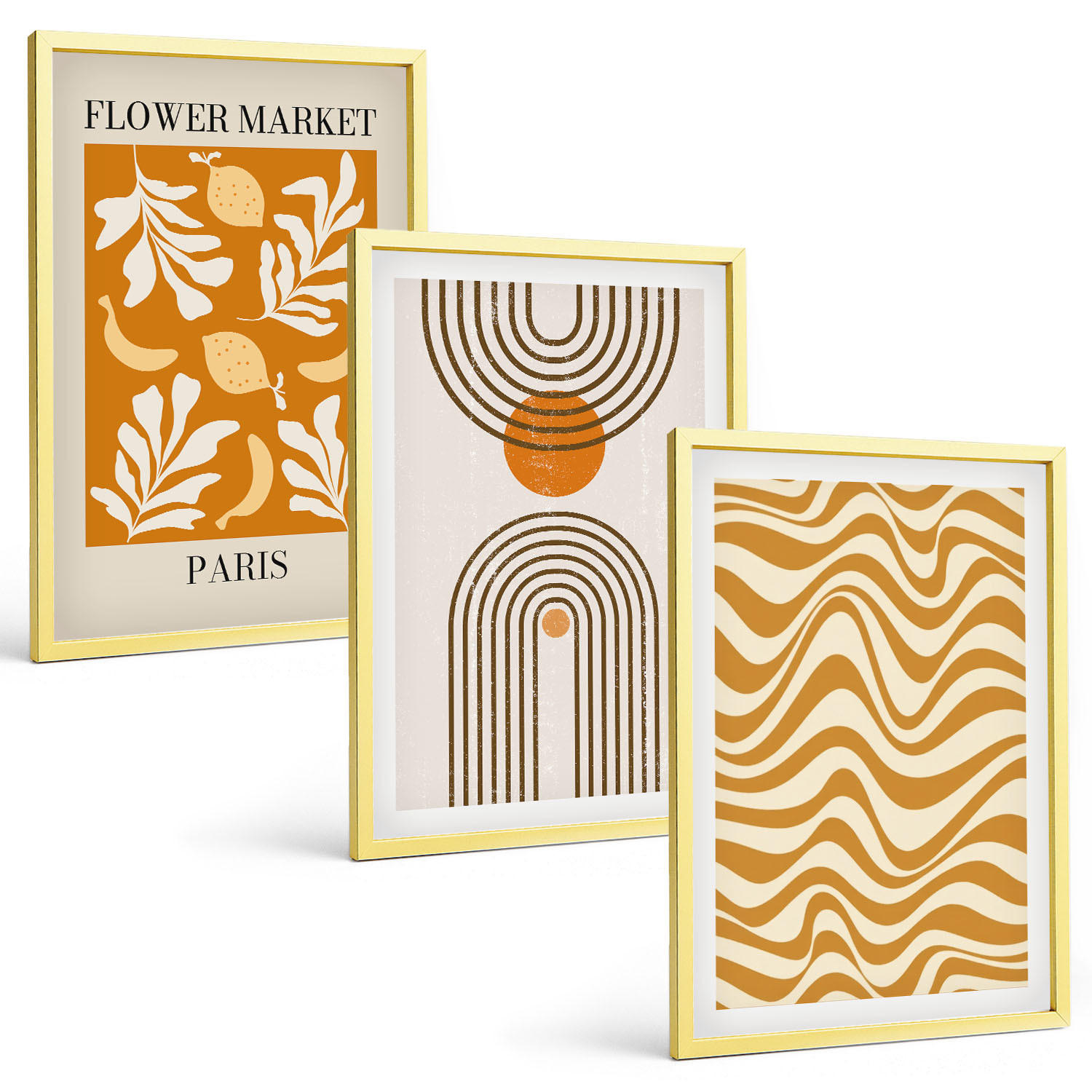 BILDER SET 3er Set - 40x60 cm Goldrahmen - Poster mit geometrischen Pflanzenmustern - Goldfarben, Kunststoff (40/60cm) - TULUP