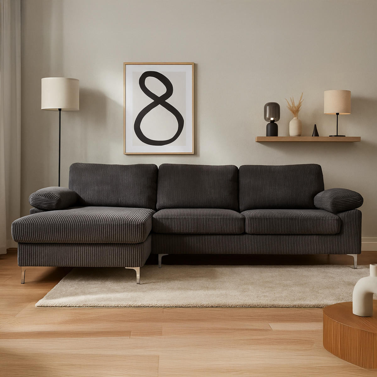 ECKSOFA galway anthrazit 5-sitzer cord - Grau, Holz (262/132cm) - Concept Usine