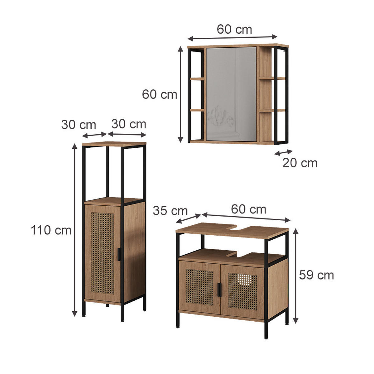 BADMÖBEL-SET Linara, Eiche, 3er Set - Eichefarben, Holzwerkstoff (60/59/35cm) - Vicco