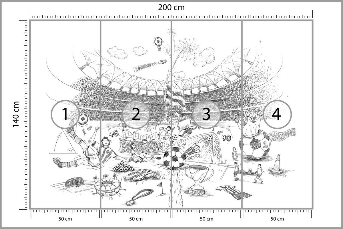 FOTOTAPETE für Kinderzimmer Fußballstadion Skizze Spieler Ball Pokal Sport 200x140 - Weiß/Grau, Papier (200/140cm) - Muralo
