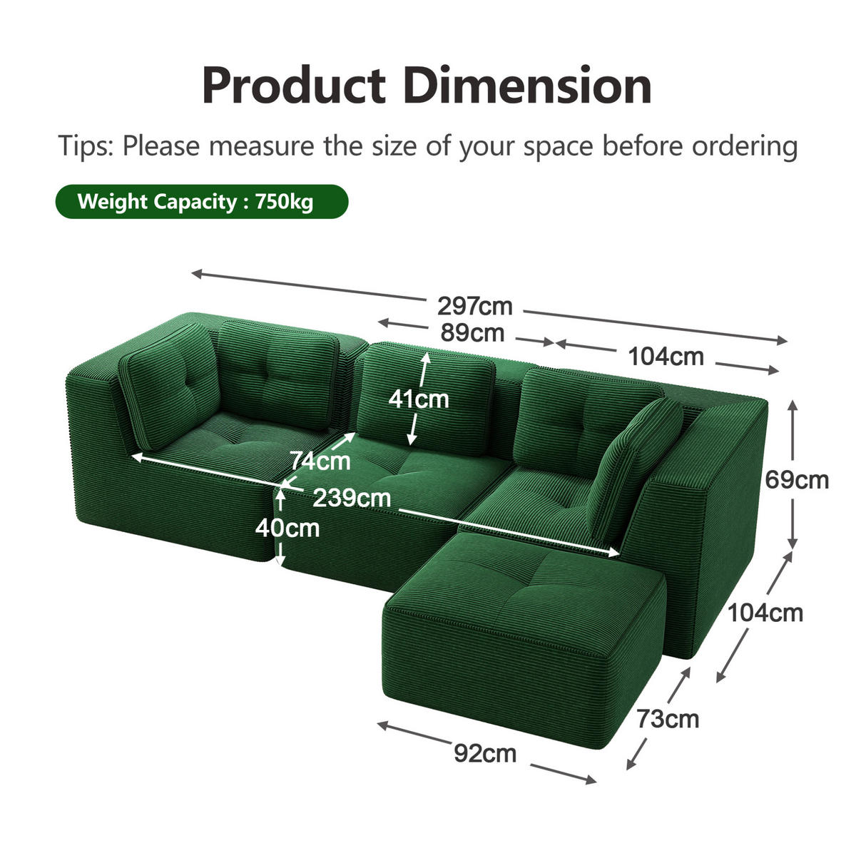ECKSOFA 297/177/69 cm grün aus Cord ohne Montage modular mit Ottomane - Grün, Textil (177/297cm) - OKWISH