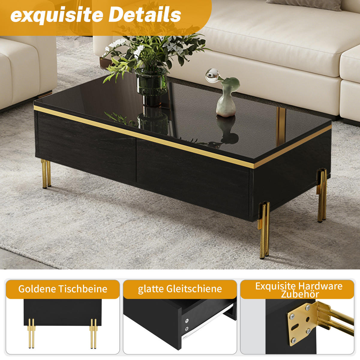 COUCHTISCH 100x50 Hochglanz Multifunktion Wohnzimmertisch - Schwarz, Holzwerkstoff (100/50/36cm) - FLIEKS