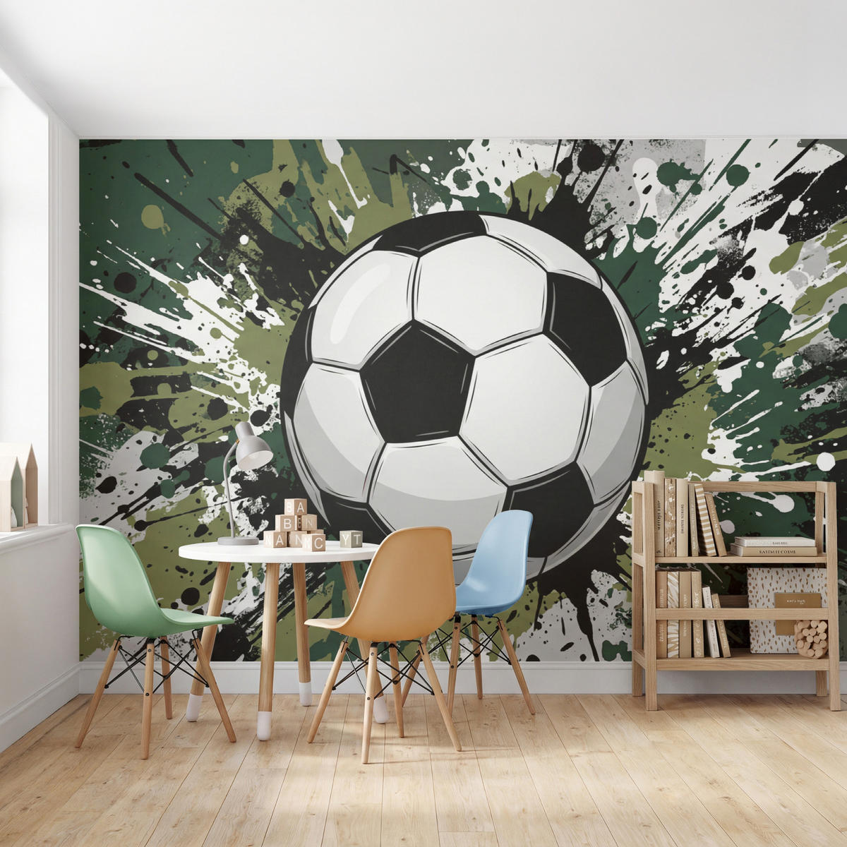 KINDERTAPETE - Fußball - Farbe - Spritzer - Grün - 300x200 cm - Dunkelgrün, Papier (300/200cm) - OnlyWow