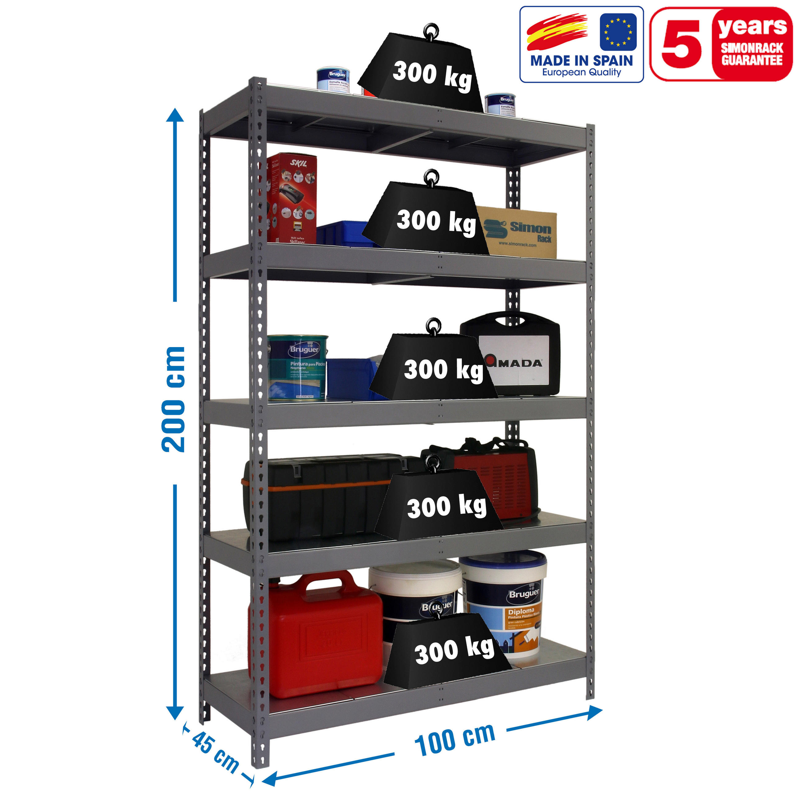 SCHWERLASTREGAL METAL YETI LIGHT FIVE | HxBxT 200x100x45cm | Fachlast 300kg | Grau - Grau, Metall (100/200/45cm) - PROREGAL