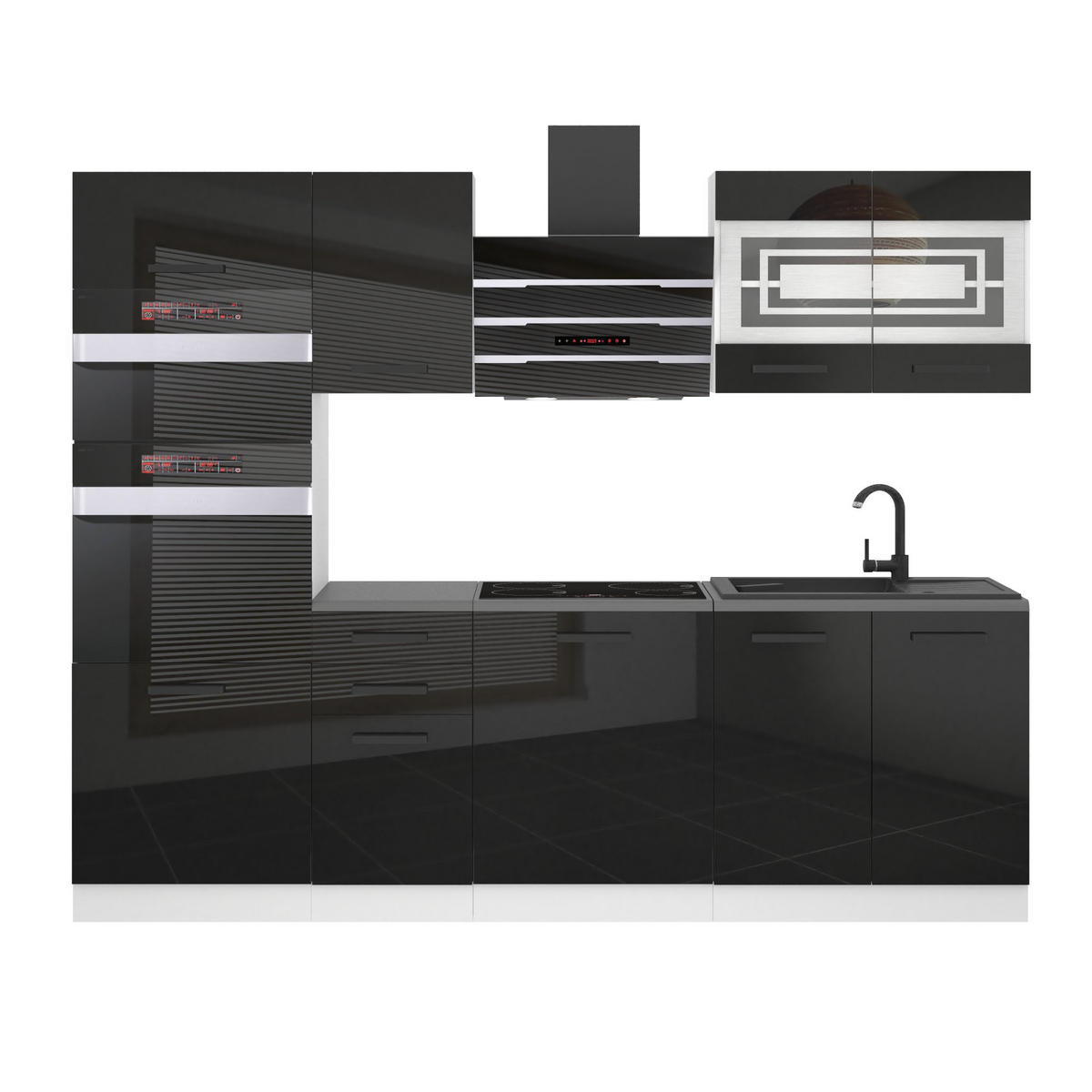 KÜCHENZEILE Tracy 240 cm, mit Arbeitsplatten, Schwarz Hochglanz - Schwarz Hochglanz, Holz (240/204/60cm) - B BELINI GROUP