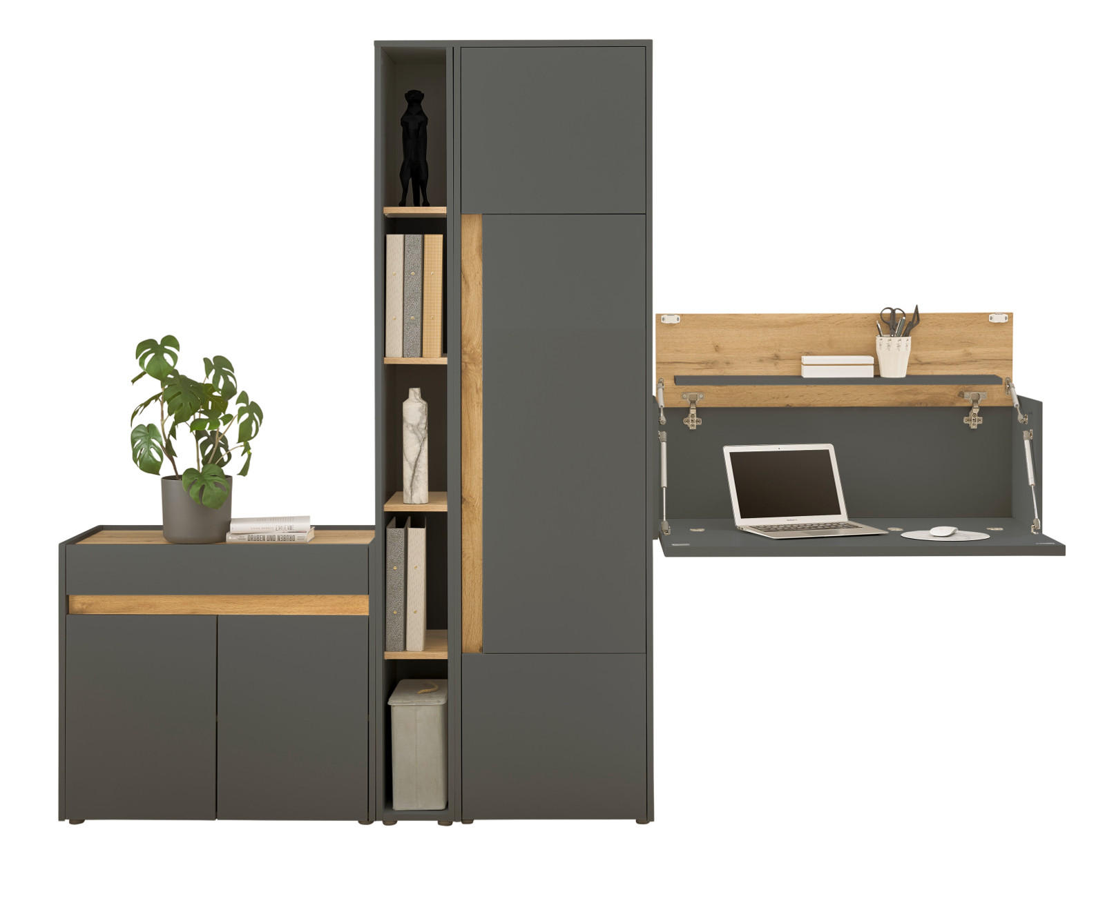 AKTENSCHRANK Set 4-teilig grau matt, Eiche Wotan 250 cm, Büromöbelkombination mit Sekretär und viel Stauraum - Eiche Wotan/Schwarz, Holzwerkstoff/Kunststoff (250/200/40cm) - Furn.Design