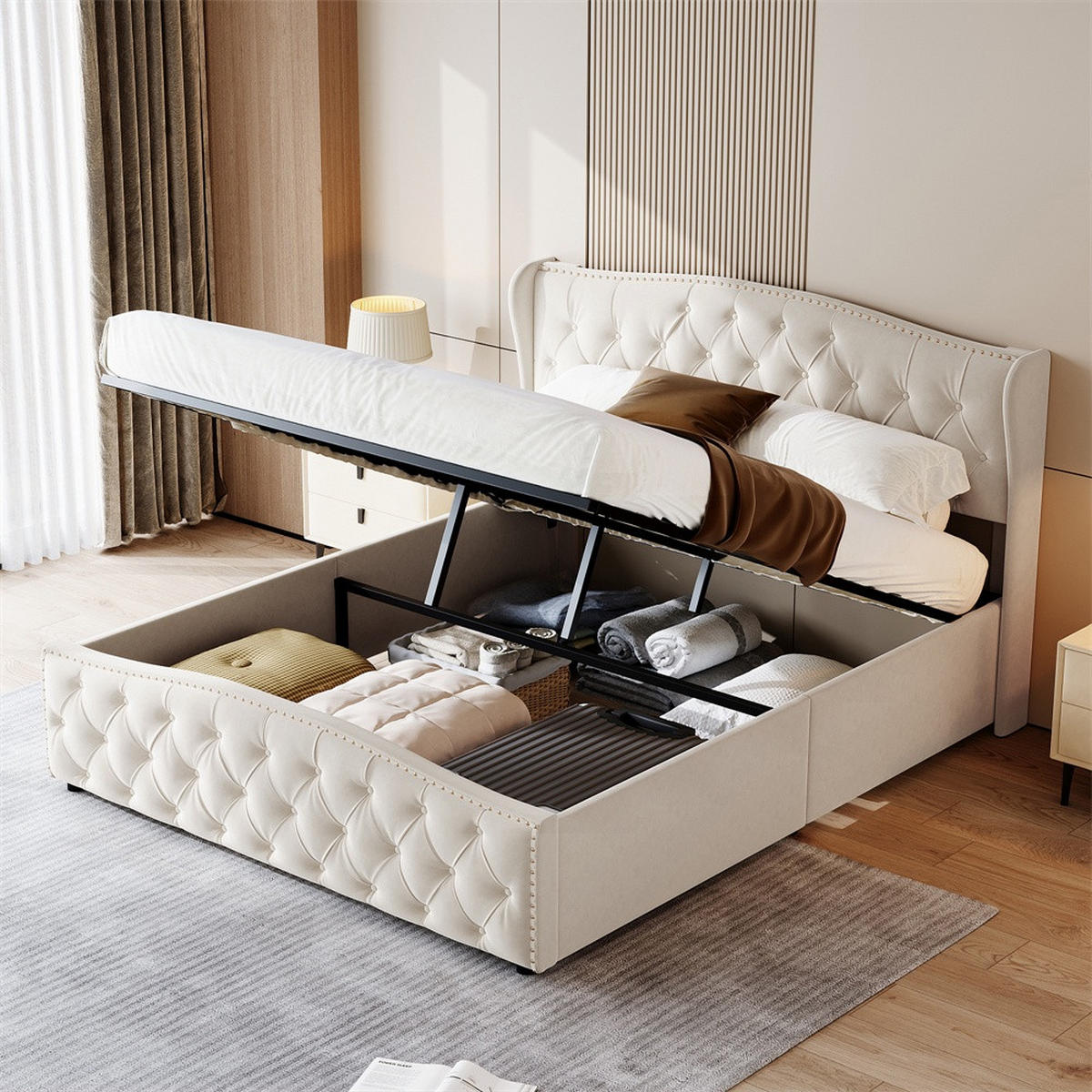 POLSTERBETT 140x200 cm mit hydraulischem Stauraum - Kopfteil und Fußteil im Wellendesign mit Nieten-Dekor - Cremeweiß - Creme, Textil (140/200cm) - DELFA