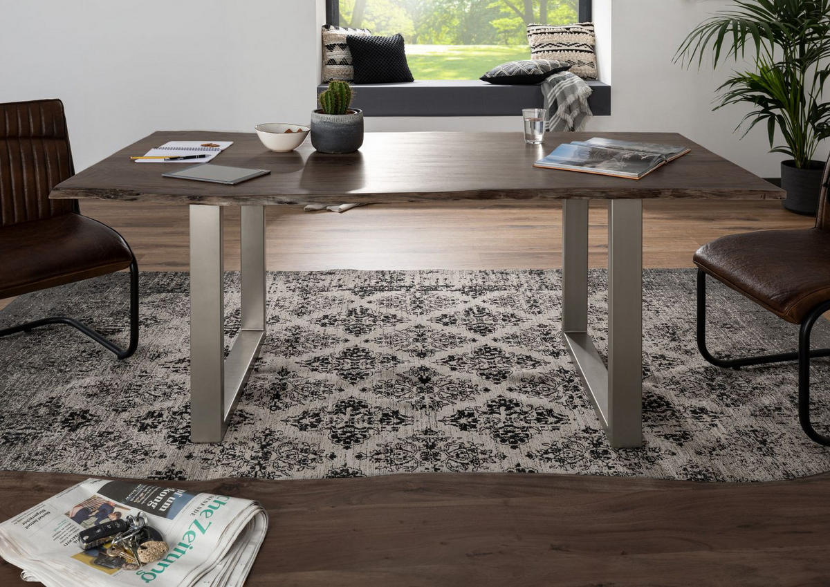 BAUMTISCH Akazie 200x100x76 grau Beine silber matt FREEFORM 3 - Grau, Holz (100/200/76cm) - Massivmoebel24