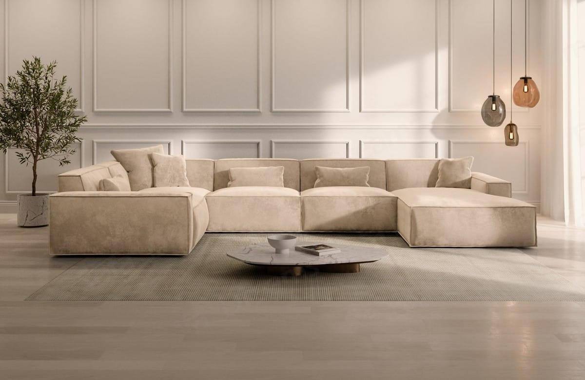 WOHNLANDSCHAFT Beluga Beige Samtstoff - Beige, Kunststoff (313/73/181cm)