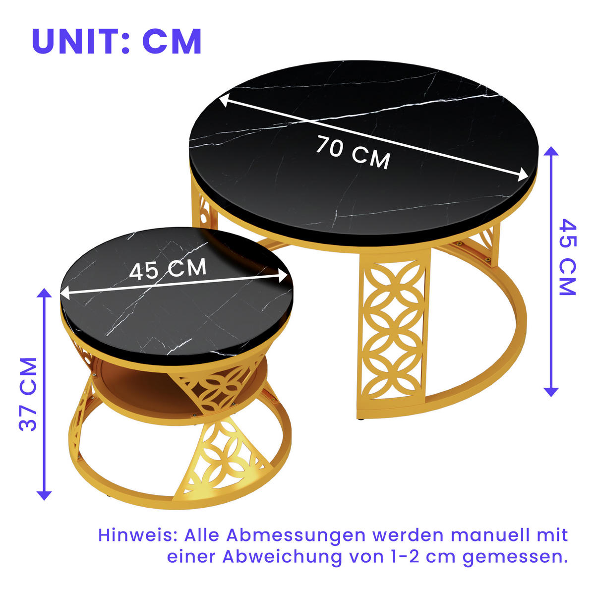 COUCHTISCH 2-teiliges Set Nesting Satztisch 70x70x45 cm + 45x45x37 cm Schwarz und Gold mit Marmor Furnier - Schwarz, Holzwerkstoff (70/70/45cm) - Modfu