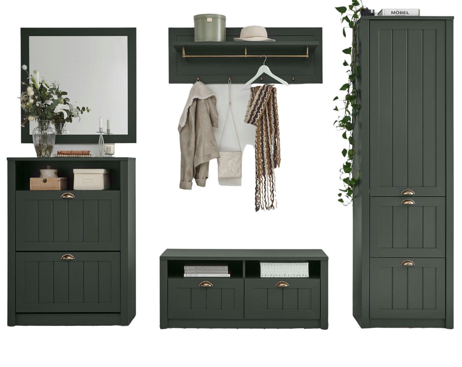 GARDEROBENKOMBINATION grün, Landhausstil, Garderobe Set 5-teilig 282 x 198 cm - Dunkelgrün/Goldfarben, Holzwerkstoff/Kunststoff (283/198/43cm) - Furn.Design