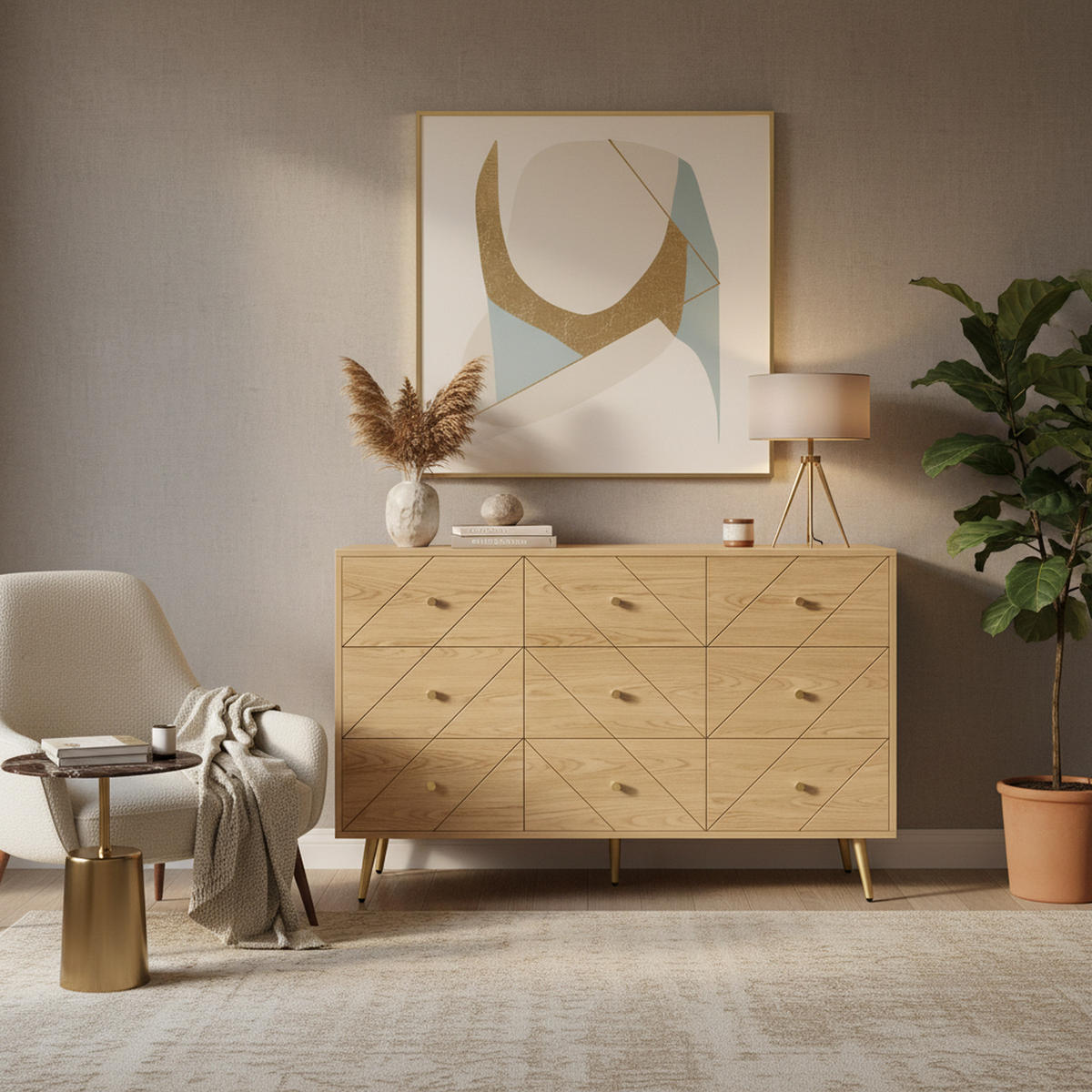 SIDEBOARD mit 9 Schubladen, Eisenbeinen & geometrischem Muster - Sonoma Eiche, Holzwerkstoff/Metall (120/80/39cm) - Urban Meuble