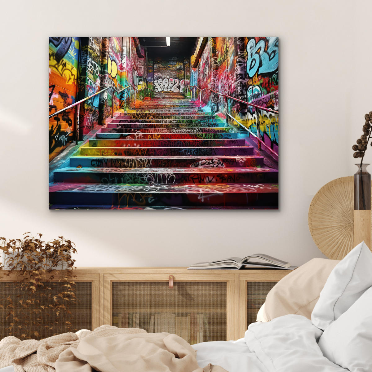 KOVOVÝ OBRAZ Schody - Graffiti - Farby - Umenie 80x60 cm - viacfarebná, kov (80/60cm) - MuchoWow