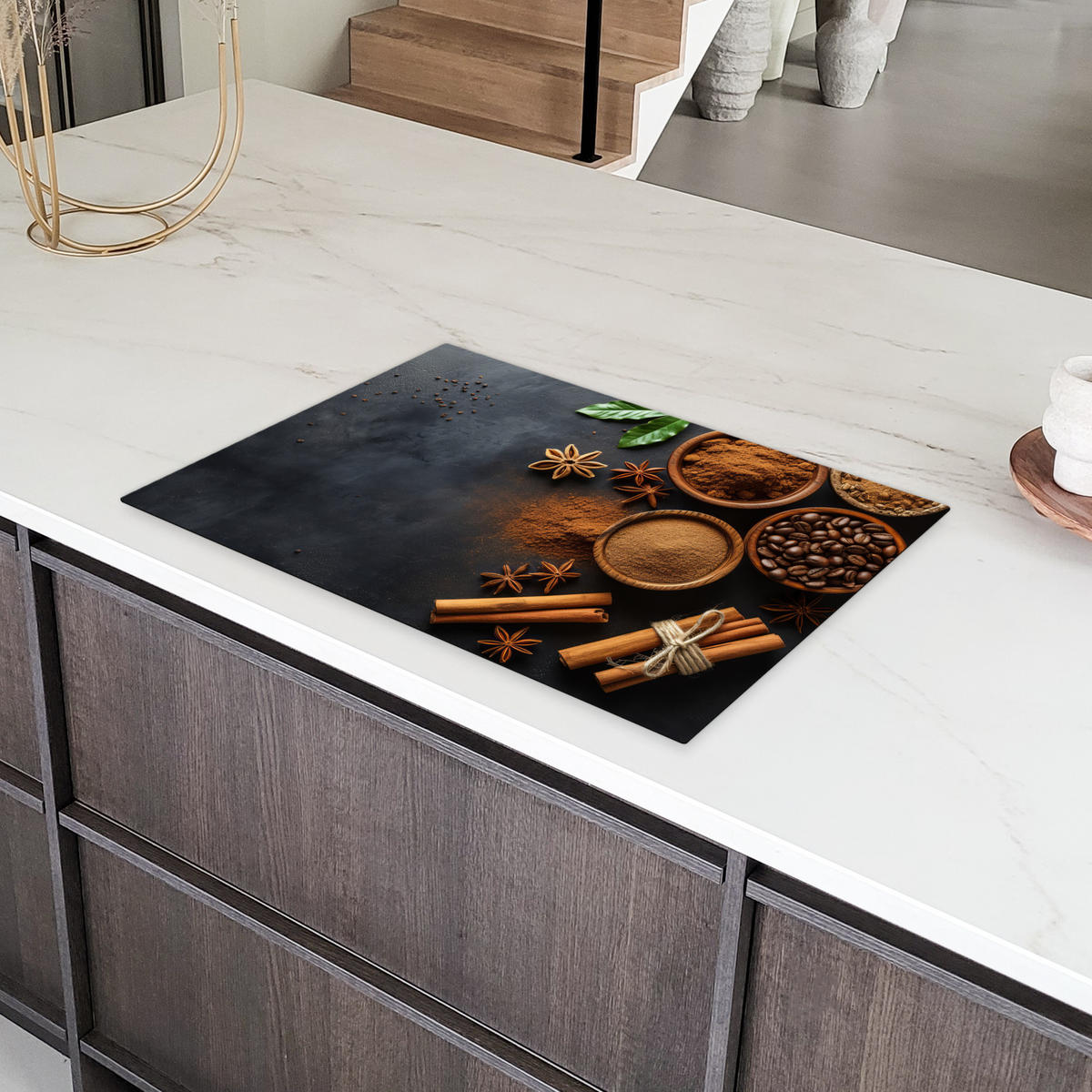 HERDABDECKPLATTE Zimt - Beton - Kaffee - Zimtstangen - Gewürze 77x51 cm - Mokka, Kunststoff (77/0.2/51cm) - MuchoWow