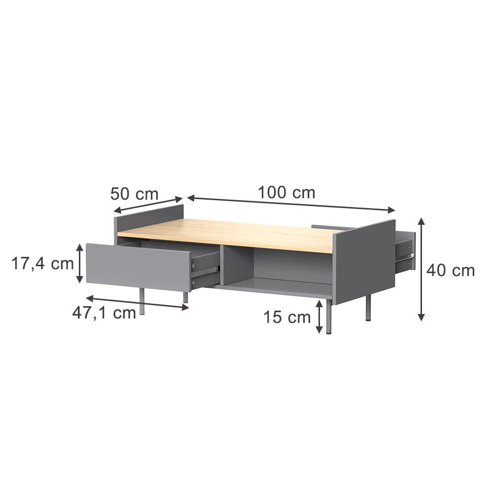 COUCHTISCH Velina Grau/Eiche 100 x 50 cm mit 2 Schubladen - Eichefarben/Grau, Holzwerkstoff (50/100/40cm) - Vicco