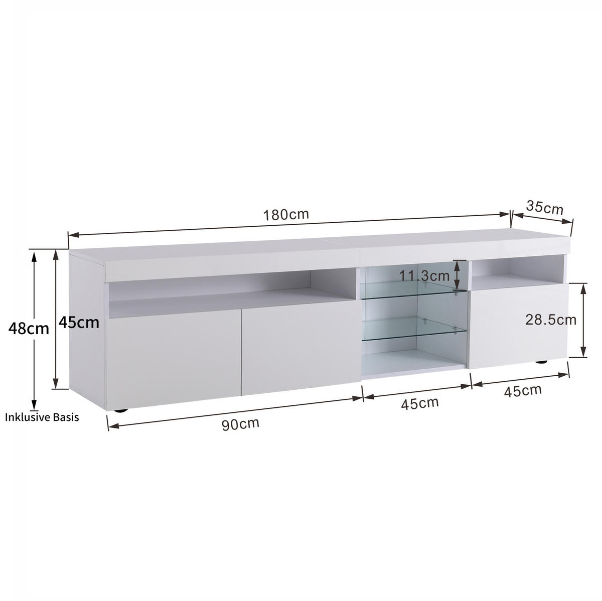 TV-ELEMENT mit LED 180 x 35 x 48 cm Weiß Hochglanz - Weiß, Holzwerkstoff (35/48/180cm) - Beauniv